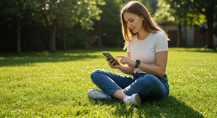 Mujer joven usando su teléfono móvil sentada en el pasto del parque disfrutando del entorno verde. Enviando mensajes con su smartphone en ambiente veraniego.