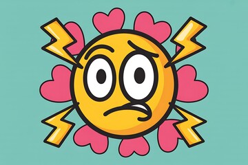 Obraz premium Stressed yellow emoji with lightning bolts and pink hearts looks worried and anxious