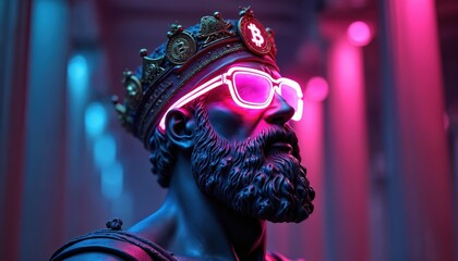Hercules bust with Bitcoin glasses, neon crown in cyberpunk style. Ancient sculpture features vibrant purple, pink lighting, creating futuristic, surreal, dramatic atmosphere. Digital concept