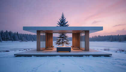 Old wooden house with a gate, snow and winter nature, sky, and lake landscape