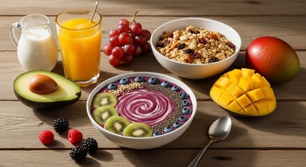 Artistic Swirl Smoothie Bowl and Fresh Fruit Medley on a Rustic Wooden Table for a Healthy Start