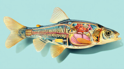 Detailed Fish Anatomy Illustration Revealing Internal Organs and Structure in a Pale Blue Setting Educational and Visually Stunning