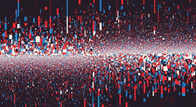 Dynamic abstract data stream with vibrant red, white, and blue rectangles falling down