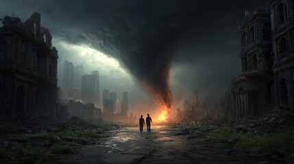 Two figures walk toward fiery tornado in apocalyptic ruined cityscape at dusk.