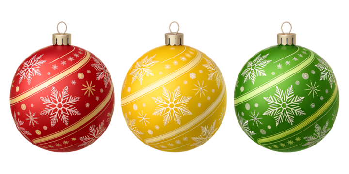 Red, Yellow, and Green Christmas Ornaments with Snowflake Pattern isolated on white background in 3d render
