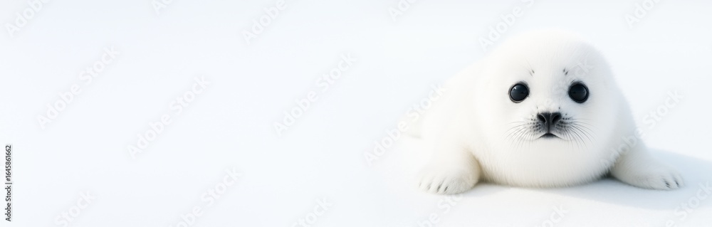 Poster cute baby seal lying on snow with copyspace on left side for design or banner template in minimal cl