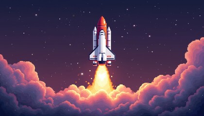 Pixel art rocket ascends into starry night sky in glowing clouds. Vibrant digital illustration captures retro technology, space exploration, adventurous mission. Exciting journey ignites excitement.