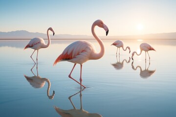Fototapeta premium Elegant flamingos wading in tranquil shallow lake during sunrise with soft light and scenic mountain background captured in a dreamy atmosphere. Ai generative