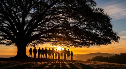 Silhouetted group of people standing under a large tree at sunset, casting long shadows across a grassy field.