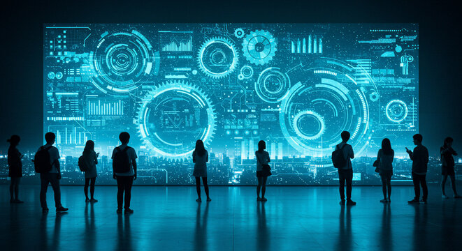 A group of people stand in front of a large screen displaying complex data visualizations and charts in a futuristic, glowing blue environment.