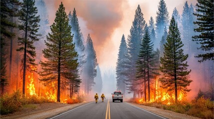 Firefighters walking toward forest wildfire with truck on road between burning trees.