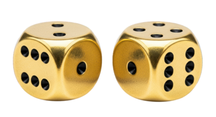Pair of golden dice showing three and six, lying on a black background