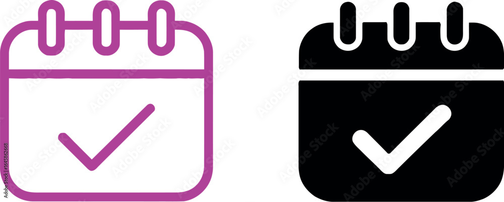 Poster two calendar icons with check marks one in purple outline and one in solid black on a white backgrou