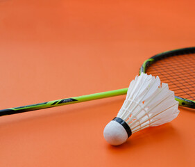 2. Badminton racket and shuttlecock on red background