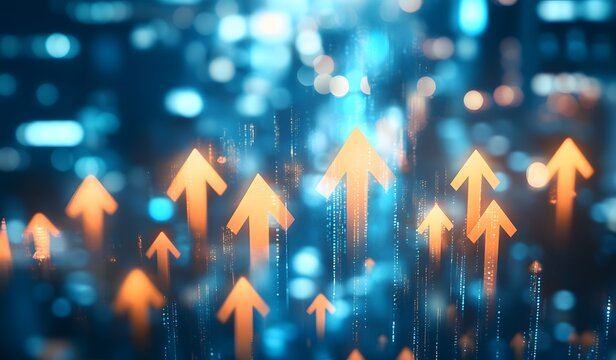 Abstract arrow pointing upward on a blue background with glowing lines and dots, suggesting a technology or digital development concept.