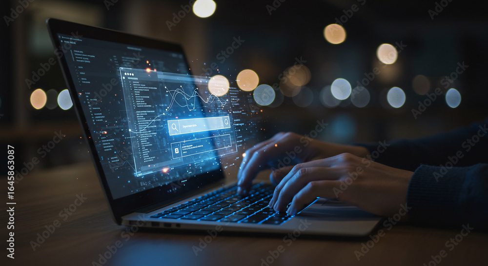 Poster hands typing on a laptop displaying data graphs and a glowing prompt box, with blurred city lights i