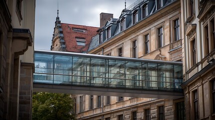 Modern glass skybridge connects historic buildings, offering architectural innovation and urban connectivity.