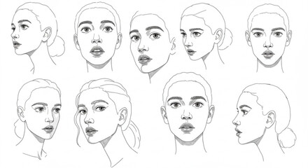 Stunning collection of diverse female faces showcasing beauty and expression in artistic line drawings