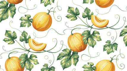 Watercolor Pattern with Yellow Melons, Green Leaves, and Vines on a White Background