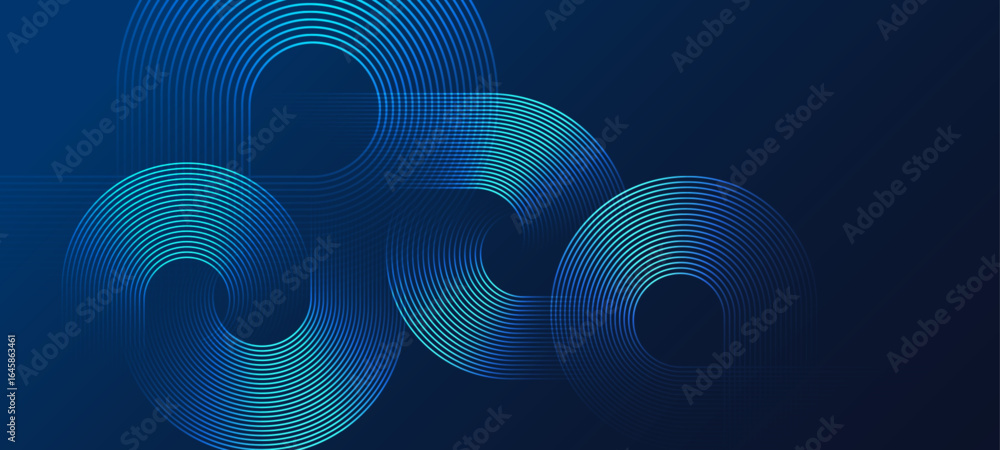 Poster circular line pattern on dark blue background with abstract geometric shapes