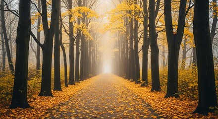 Fototapeta premium Experience the serene beauty of a golden autumn forest path with vibrant foliage