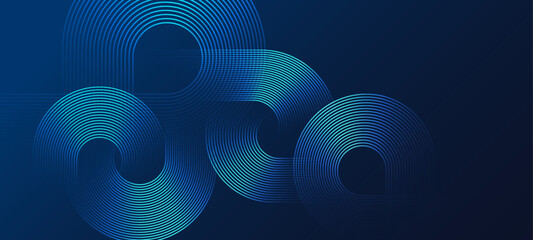 Fototapeta na wymiar Circular line pattern on dark blue background with abstract geometric shapes