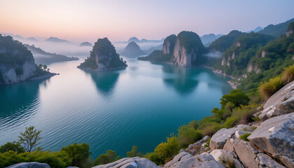 Mountain lake landscape reflecting a beautiful summer sky with clouds