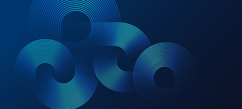 Circular line pattern on dark blue background with abstract geometric shapes