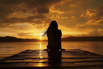 Woman silhouetted at sunset lakeside dock