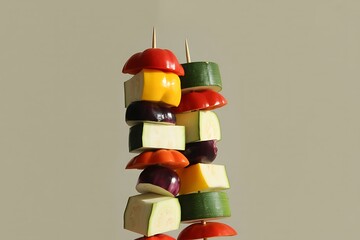 Vibrant vegetable skewers stacked high, showcasing fresh ingredients for healthy eating and outdoor cooking, perfect for summer.