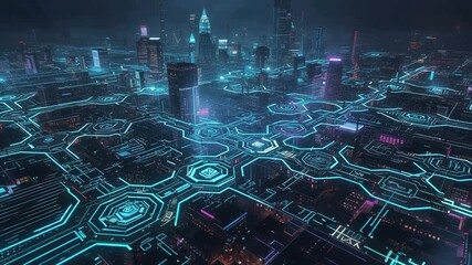 Cyberpunk flowchart Nodes pulse, neon lines subtly shift, camera slowly pans across cityscape. - Powered by Adobe