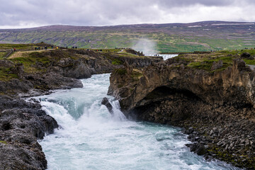 Godafoss, or Waterfall of the Gods on the river Skjalfandafljot near Akureyri in Northern Iceland is a popular tourist attraction