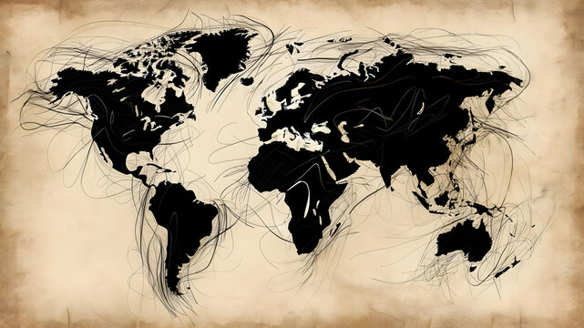 Abstract World Map with Artistic Scribbles and Vintage Texture
