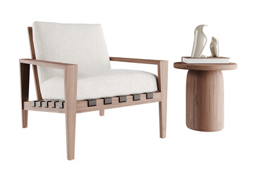 Minimalist wooden armchair with white cushion and matching round wooden side table – PNG background removed with shadow