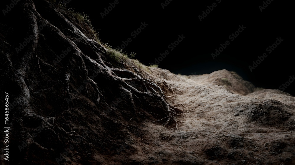 Poster exposed tree roots in an eroded natural landscape with lighting and sharp focus long title dramatic 