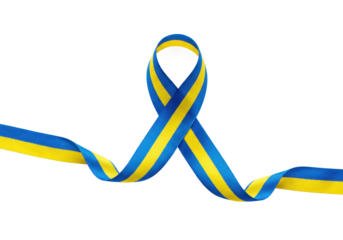 Symbolic blue and yellow ribbon awareness event studio setting focused unity concept. Cut out png