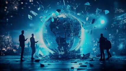Glowing digital globe shattering into fragments with silhouettes of people around, futuristic concept. 4K video - Powered by Adobe