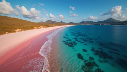view of the Pink Beach shoreline in Komodo Island, Indonesia, featuring soft pink sand, gentle turquoise waves, and tropical hills under warm afternoon sunlight.