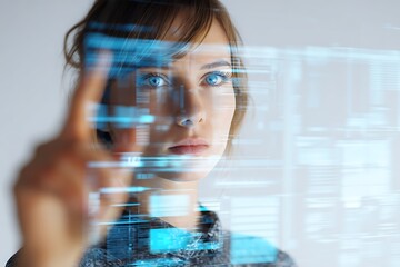 Focused woman interacts with futuristic holographic data interface for advanced technology insights and digital innovation.