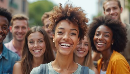 Fototapeta premium Diverse group of smiling young adults in casual attire, enjoying candid moment of connection. Radiate happiness, togetherness in vibrant urban setting, representing friendship, community, positive