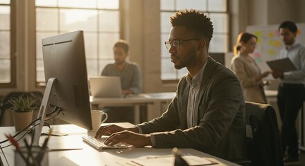 Focused professional working diligently on computer in bright modern office with colleagues collaborating in background