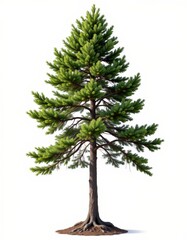 Tall Pine Tree with Dense Green Needles White Background