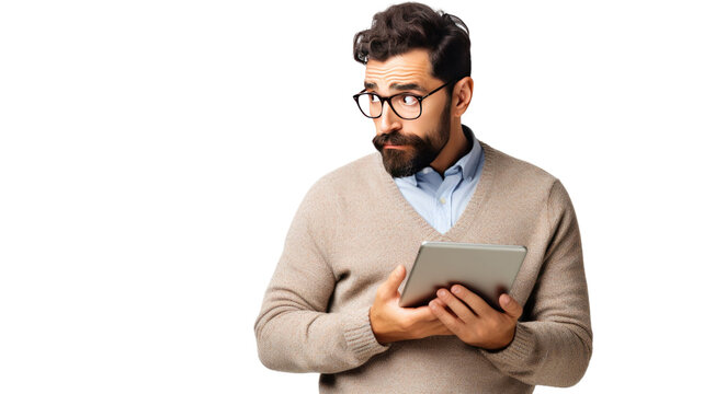 Man with tablet isolated on white background