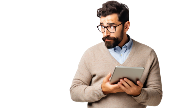 Man with tablet isolated on white background