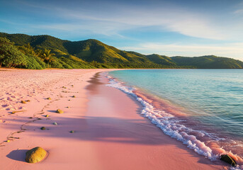 view of the Pink Beach shoreline in Komodo Island, Indonesia, featuring soft pink sand, gentle turquoise waves, and tropical hills under warm afternoon sunlight.