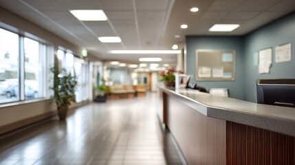 Modern office reception area with long hallway tiled floor and plants Interior