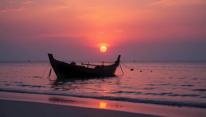 Serene sunset scene at Pink Beach, Komodo Island, with a traditional wooden boat silhouette reflecting on calm turquoise water, and pink sand glowing in soft evening light.