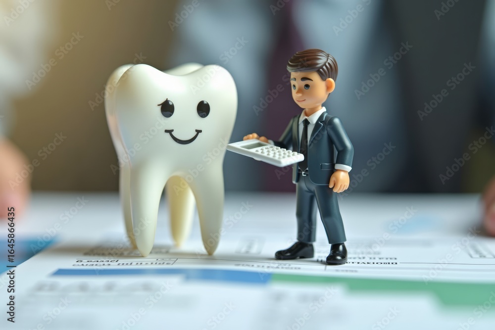 Poster macro photograph of tooth with small calculator in front of tiny businessman calculating bill.