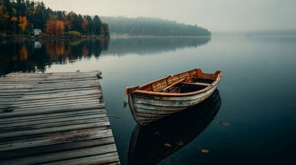 Fototapeta premium Peaceful wooden boat on calm lake