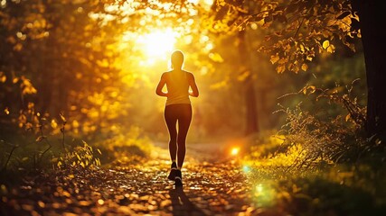 Autumn Sunset Silhouette of Woman Jogging on Beach with Ocean and Trees